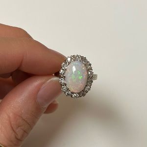 14k Edwardian white gold diamond and opal ring